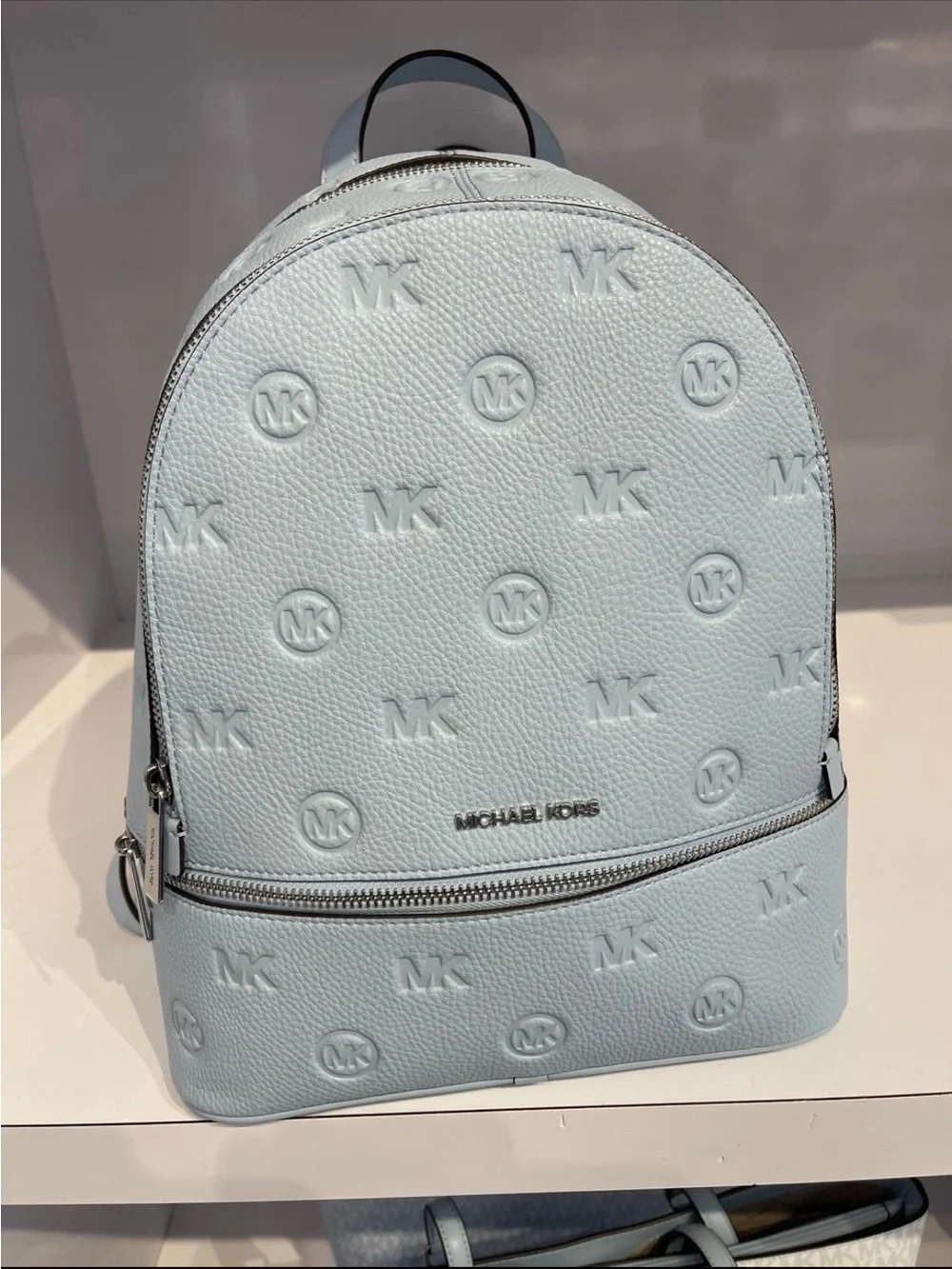 Michael Kors Rhea Medium Zip Logo Debossed Backpack Pale Ocean NWT